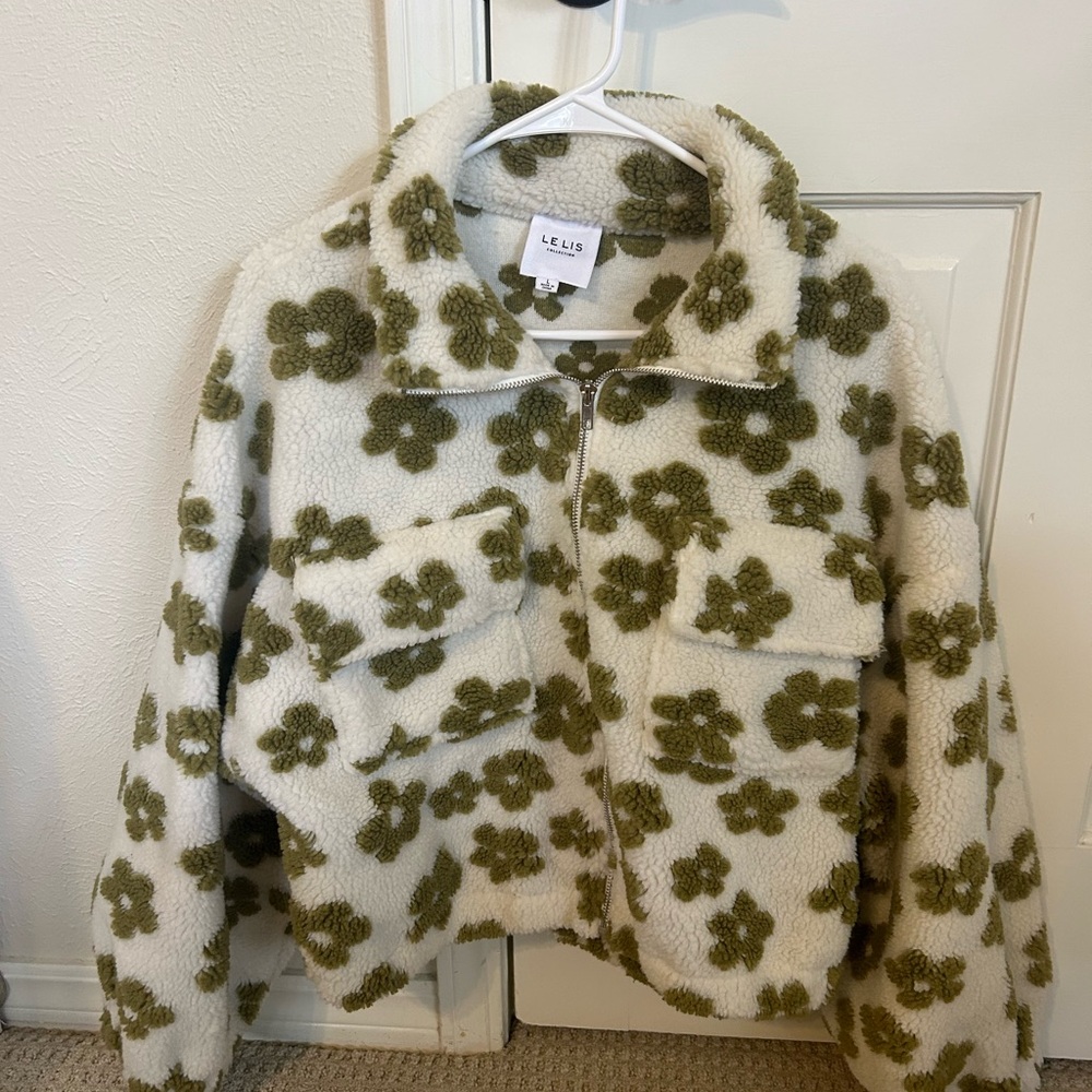Le Lis Cream and Green Floral Sherpa Jacket